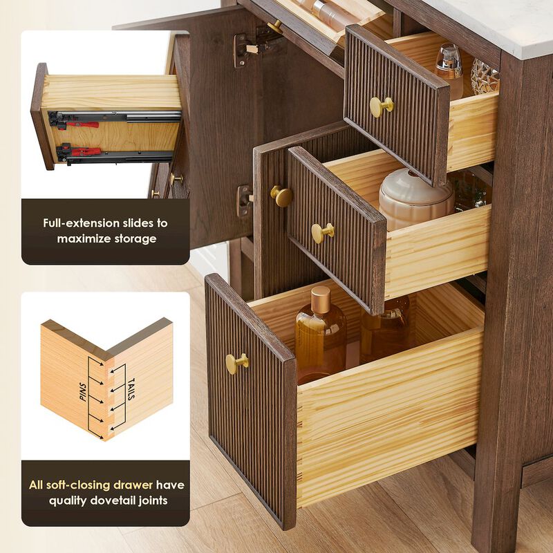 Altair-12 Double Bathroom Vanity in Brown Oak Grain White Engineered Stone Countertop