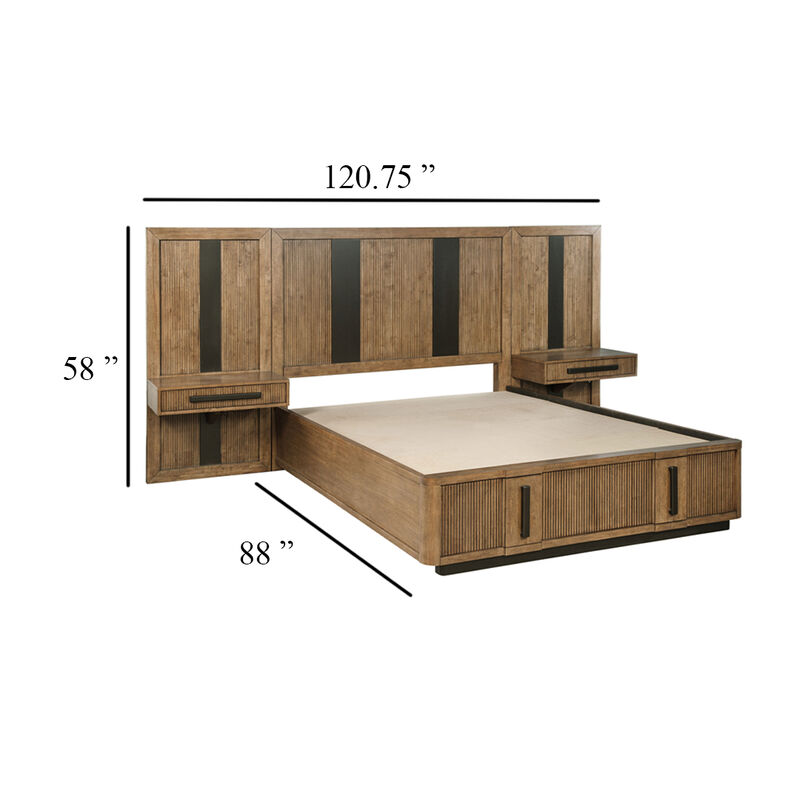 Reon Queen Wall Panel Storage Bed Set with Nightstands, Ash Brown Wood