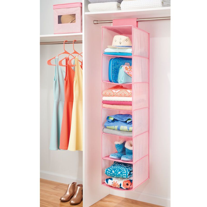 mDesign Fabric Baby Nursery Hanging Organizer with 6 Shelves - Pink Herringbone image number 9