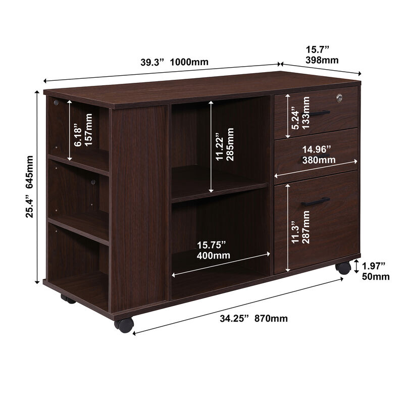 3-Drawer 39in. W Rolling Lateral File Cabinet with Locker and Open Storage Shelves for Home Office and Kids Room