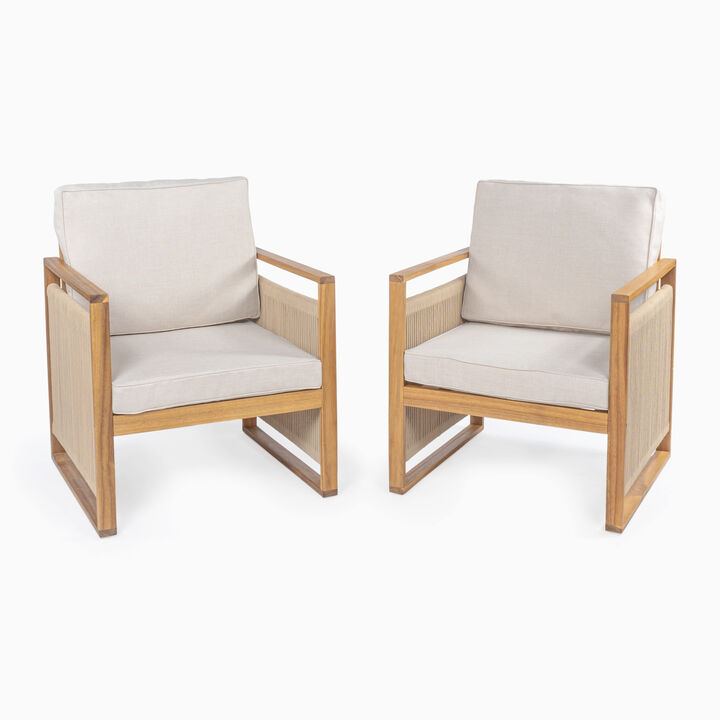 Gable Mid-Century Modern Roped Acacia Wood Outdoor Patio Chair with Cushions, Beige/Light Teak (Set of 2)