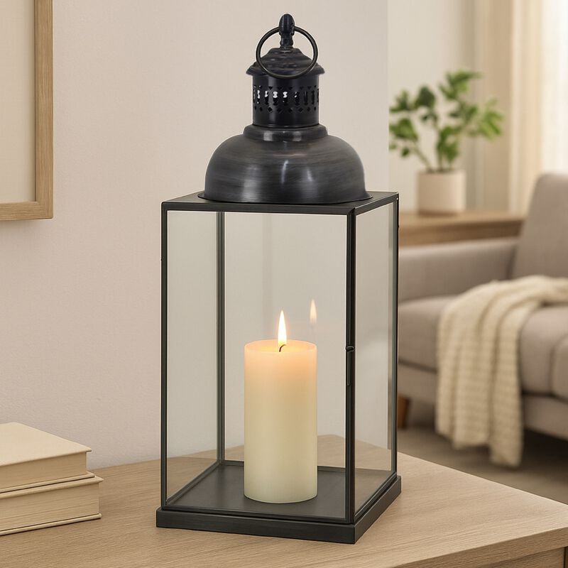Laila Lantern, Black Metal, Glass Panels, Square Base, 20 Inch Tall - Benzara