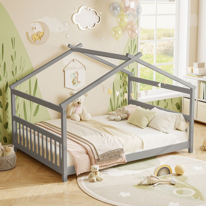 Montessori Full Size Floor House Bed with Headboard for Children