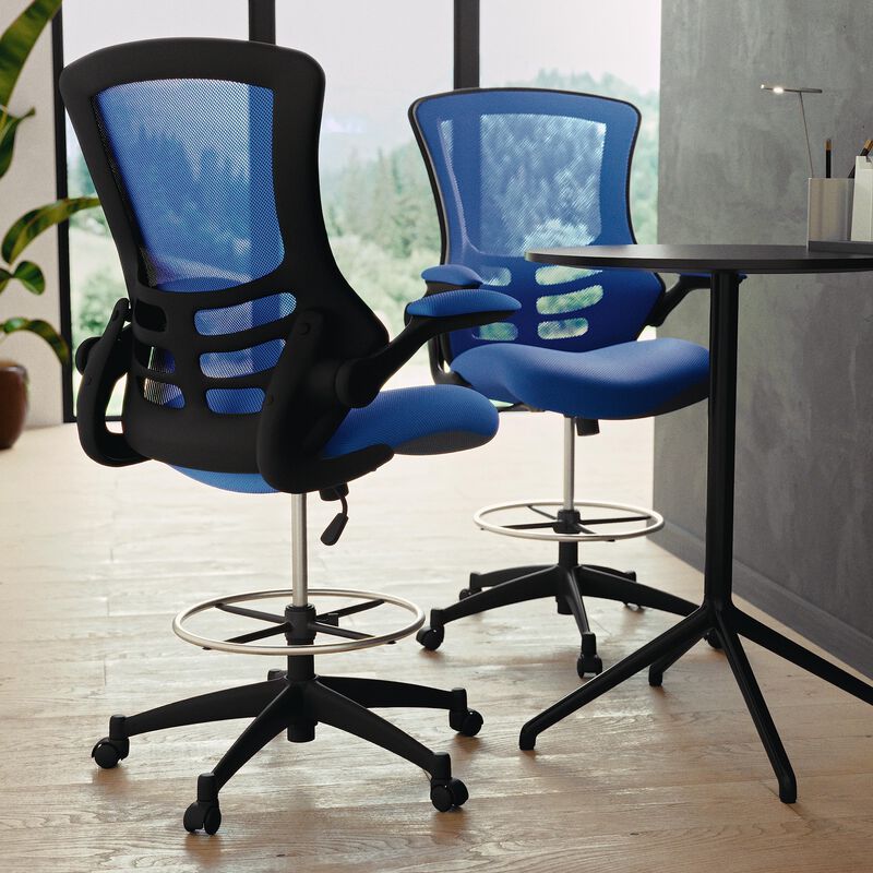 Flash Furniture Kelista Mid-Back Blue Mesh Ergonomic Drafting Chair | Adjustable Foot Ring, Flip-Up Arms | Comfort and Productivity