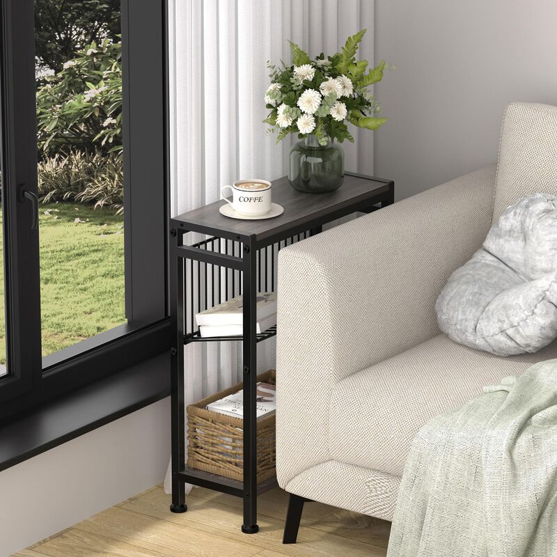 Small End Table Set of 2 for Small Space, 3-Tier Narrow Side Table with Magazine Holder,Small Nightstand, Skinny Snack Couch Tab