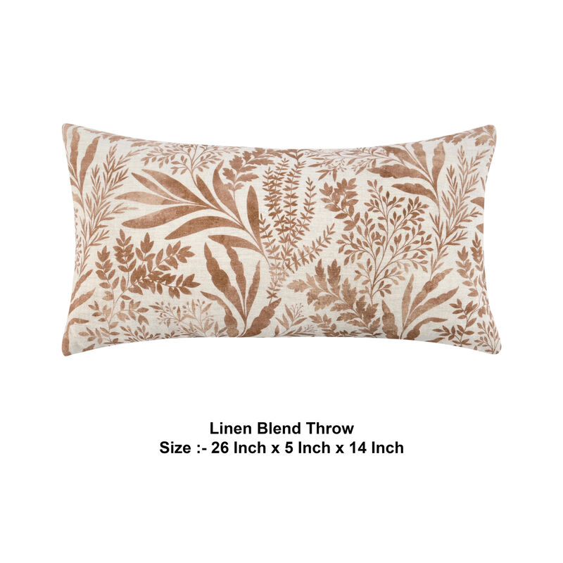 Mulo Lumbar Throw Pattern, Foliage Pattern 14x26 Inch Brown Flax Linen - Benzara