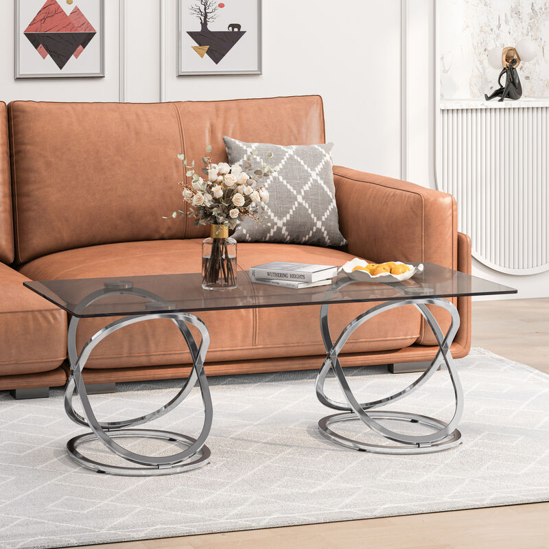 GOODSILO Modern Rectangle Tempered Glass Coffee Table with Sturdy Ring-Shaped Metal Frame Sleek Center Table for Living Room Bedroom Office Use image number 3