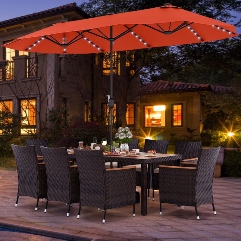 Mondawe 11Pcs Premium Patio Acacia Wood Dining Set,With 15ft Solar LED Umbrella & PE Rattan Chairs