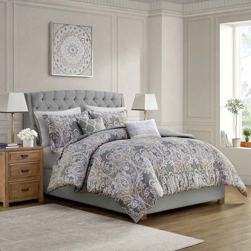 Gracie Mills Brant Damask 5-Piece Cotton Duvet Cover Set