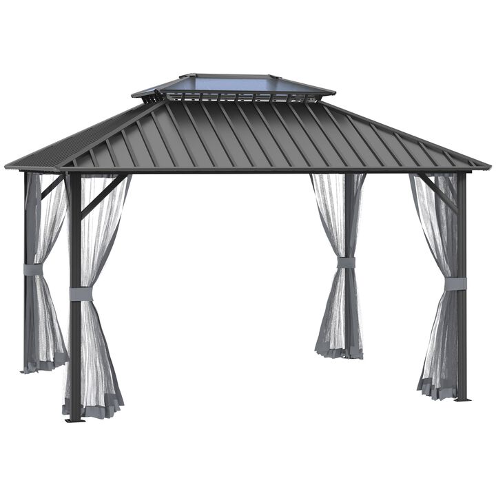 12' x 10' 2-Level Patio Gazebo Outdoor Canopy with Mesh Sidewalls, Wood Grain Color, & UV-Resistant Roof, Black