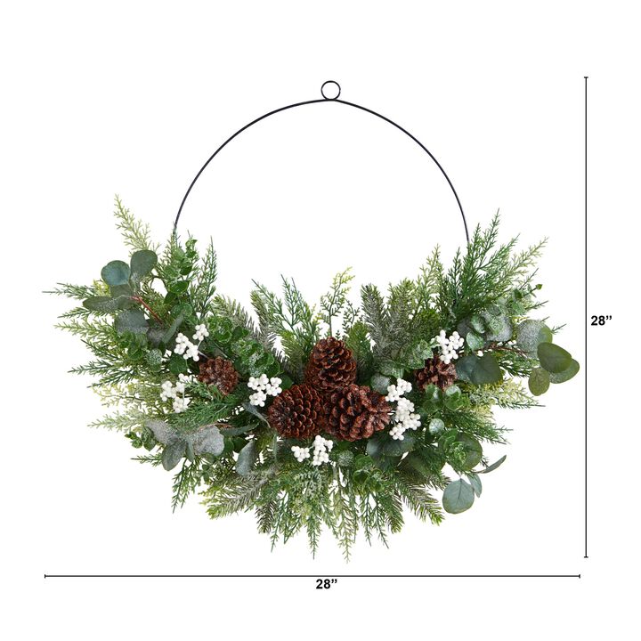 Hivvago 28" Christmas Pine, Eucalyptus, and Berries Metal Circlet Artificial Wreath