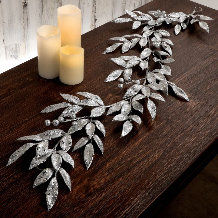 4' x 7" Silver Glittered Bay Leaf with Berries Artificial Christmas Garland  Unlit