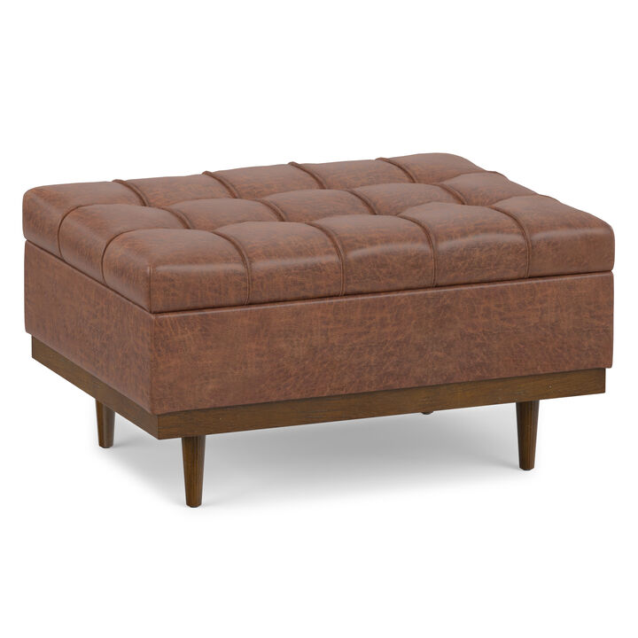 Mariah 34 inch Wide Contemporary Rectangle Coffee Table Storage Ottoman in Distressed Saddle Brown  Vegan Faux Leather, Assembled