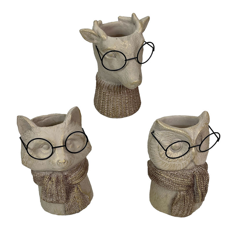 Set of 3 Bespectacled Animal Vases Fox Owl Deer Gold Accent Knit Scarves Glasses image number 0