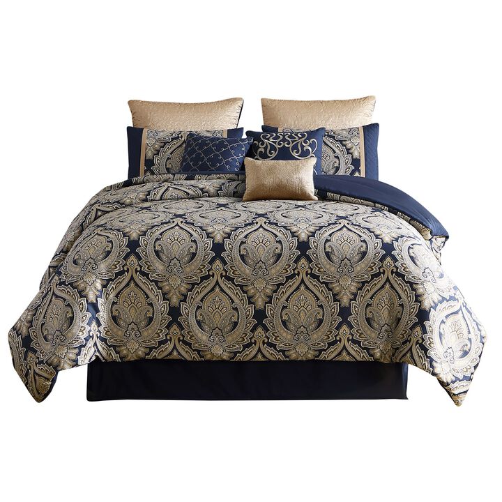 Nova 9 Piece Polyester Queen Comforter Set, Gold Damask Print, Navy Blue - Benzara