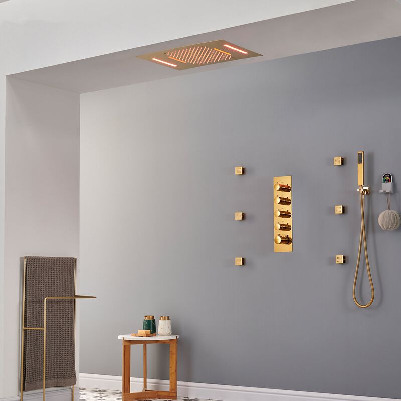 Mondawe 64 Colors LED Light and Music 3 Functions 4 Sprays Flush Ceiling Mounted Thermostatic Shower System with 6 Body Jets and Rough-in Valve in Titanium Gold