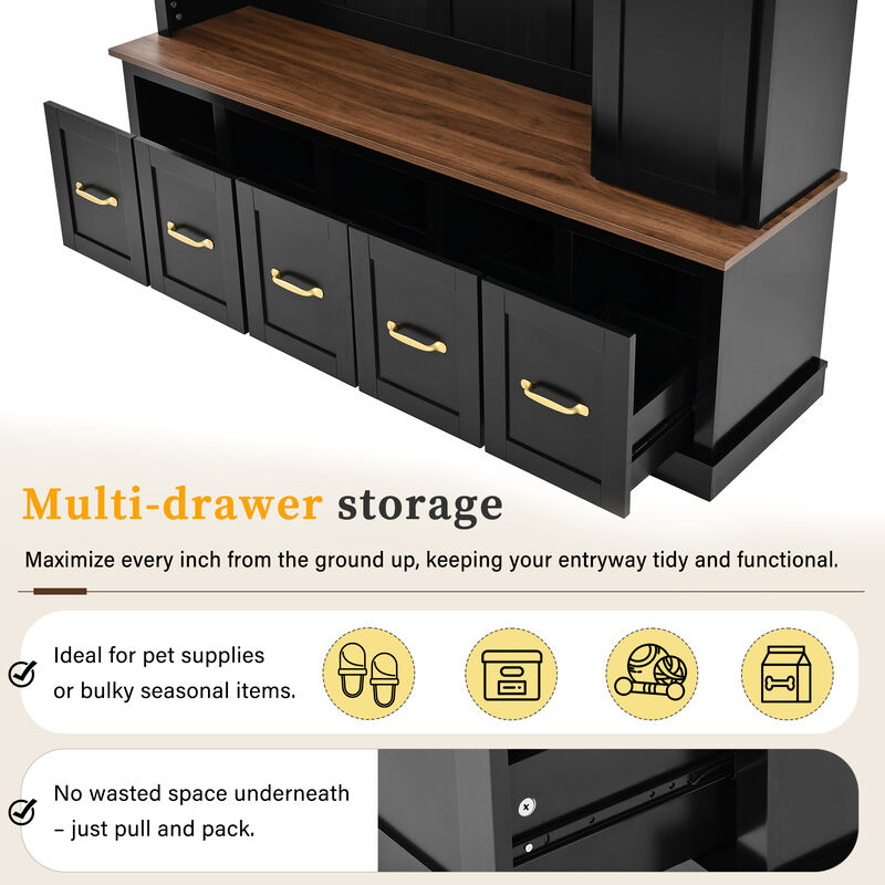 Merax 4-in-1 Entryway Hall Tree with Storage Bench, Hanging Hooks, Open Cubbies & Drawers image number 7