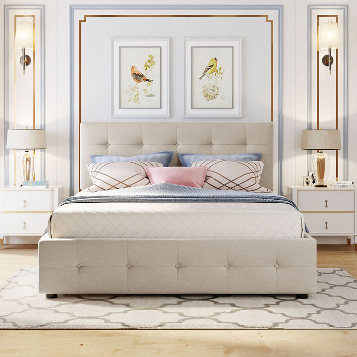Whisen Queen Size Upholstered Platform Bed with 2 Drawers & Twin XL Trundle, Linen Fabric Space-Saving Bed for Bedroom