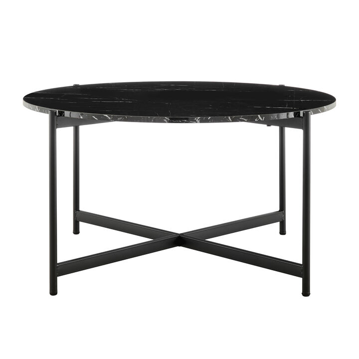 Round Contemporary Marble Finish Veneer Top Black Metal Large Coffee Table