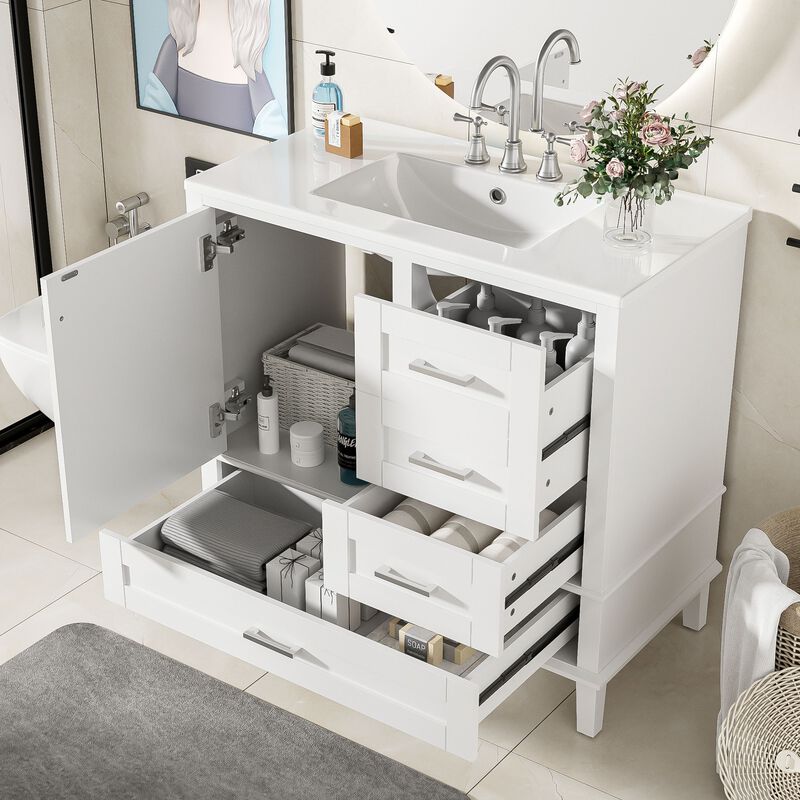 Whisen 36 in. Bathroom Storage Cabinet Bathroom Vanity with Ceramic Sink, Soft Close Door and 3 Drawers