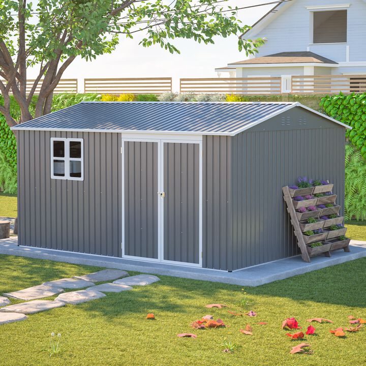 12 x 10 FT Galvanized Steel Shed, Lockable Storage for Patio & Garden