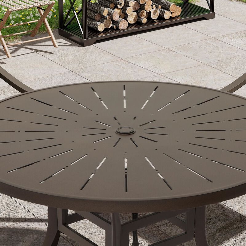Mondawe 5 Pieces Cast Aluminum Outdoor Dining Set 4 Ergonomic Design Outdoor Chair with Cushions and 1 Round Table with 2.0 Inch Umbrella Hole