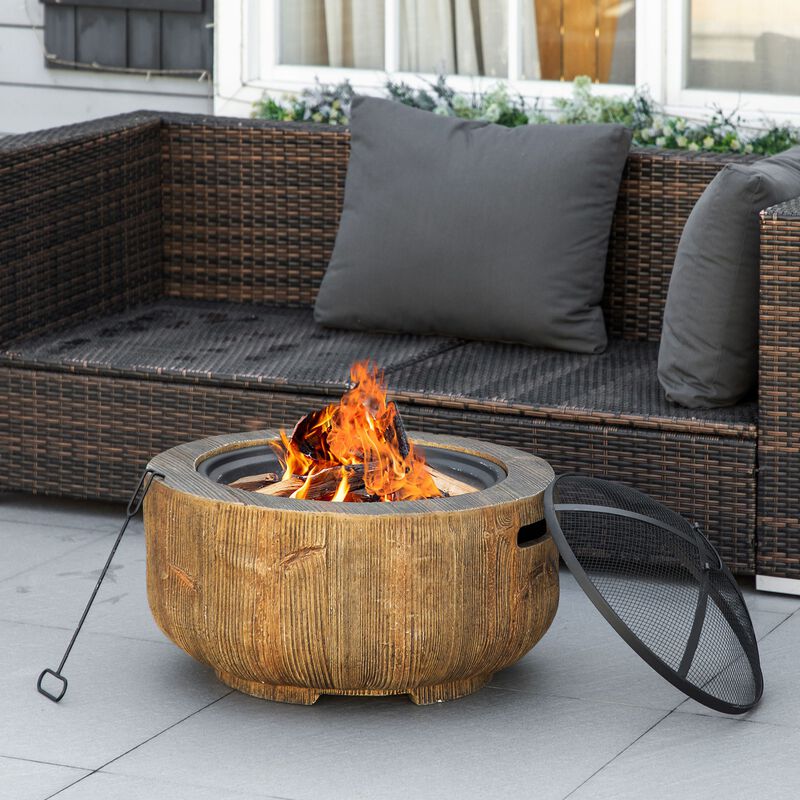 Outsunny Outdoor Fire Pit, 24 Inch Metal Wood Burning Fireplace with Spark Cover, Poker, Woodgrain Design for Patio, Picnic, Backyard, Light Brown