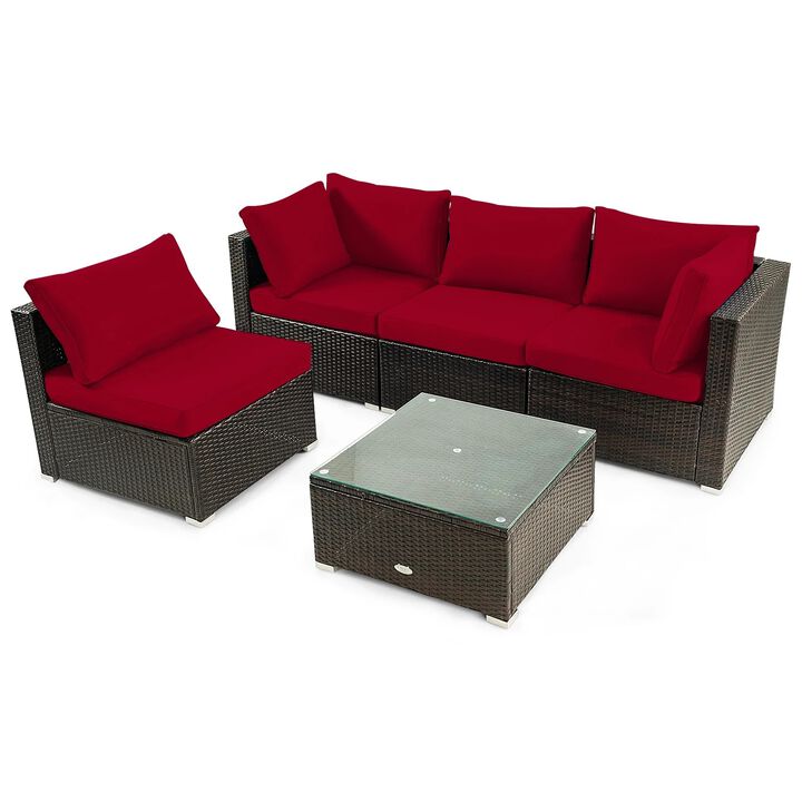 Mondawe 5 Pieces Cushioned Patio Rattan Furniture Set with Glass Table