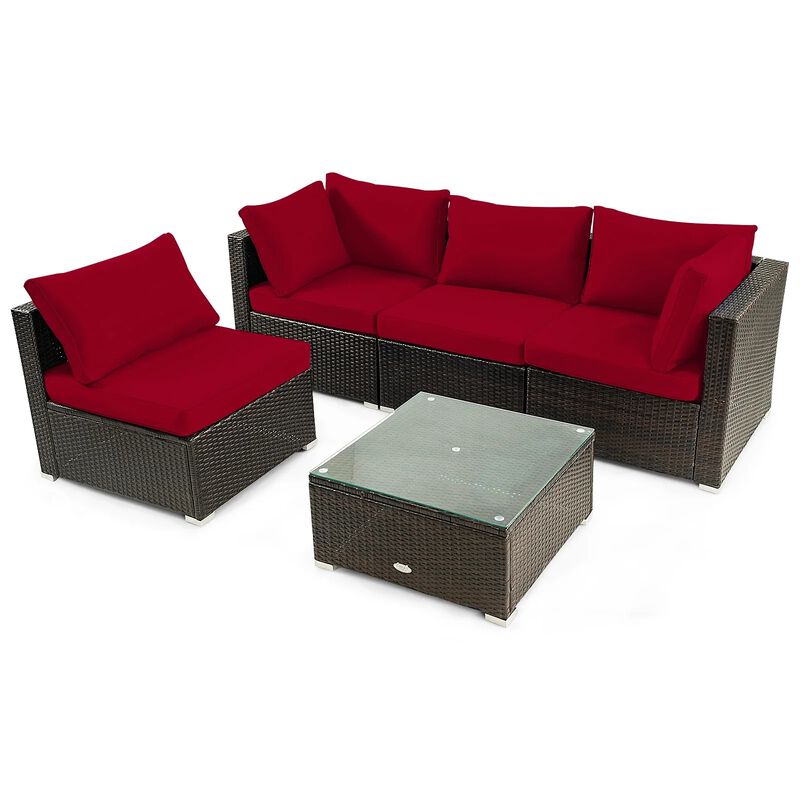 Mondawe 5 Pieces Cushioned Patio Rattan Furniture Set with Glass Table