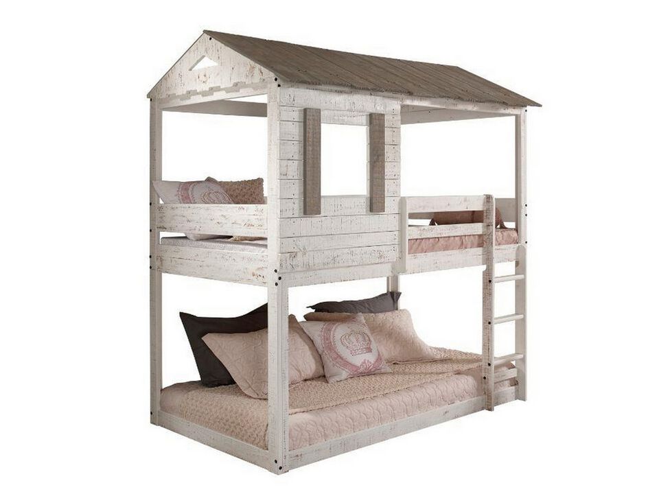 Wooden Twin Bunk Bed with House Design, White and Brown-Benzara