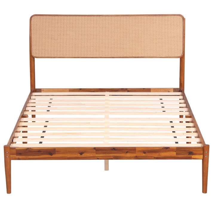 Wooden Bed Frame with Rattan Headboard and Slat Support for Bedroom