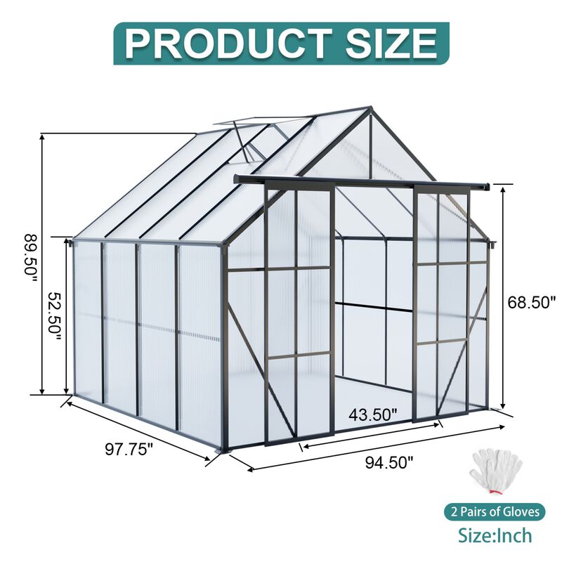 8x8 FT Double Door Polycarbonate Greenhouse Raised Bas&Anchor Aluminum Heavy Duty Walk-in Greenhouse image number 3