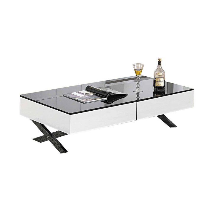 Tika 51 Inch 2 Drawer Coffee Table, Black Glass Top, Cross Legs, White Wood - Benzara