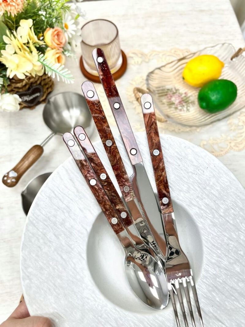 Nebula Flatware Set of 10 Pcs, Modern Marble Pattern Rivet Stainless Steel Cutlery Silverware Set
