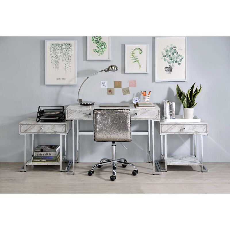 Tigress Writing Desk, White Printed Faux Marble & Chrome Finish image number 1