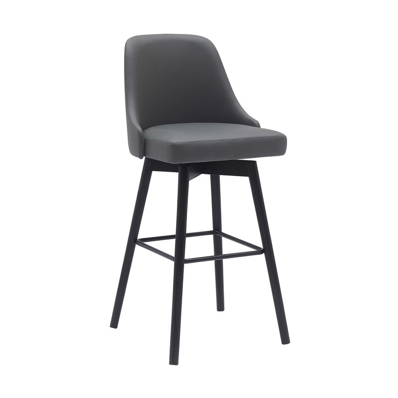 Sean 30 Inch Barstool Chair, Parson Style, Swivel, Gray Faux Leather, Black - Benzara