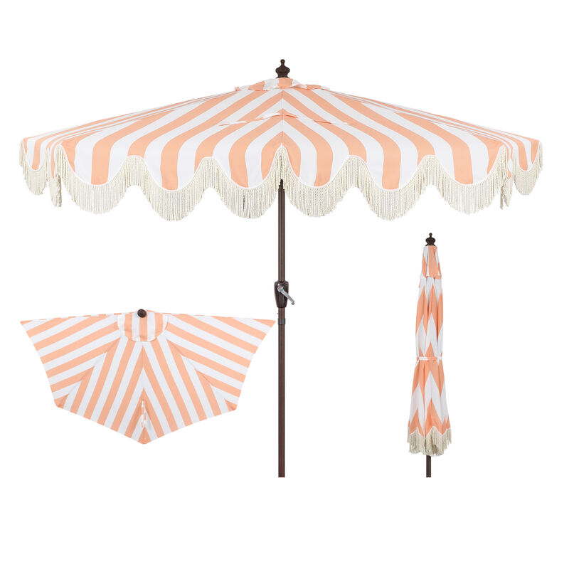 Beverly Designer Classic Scalloped Fringe Half Market Patio Umbrella with Crank, Push Button Tilt and UV Protection