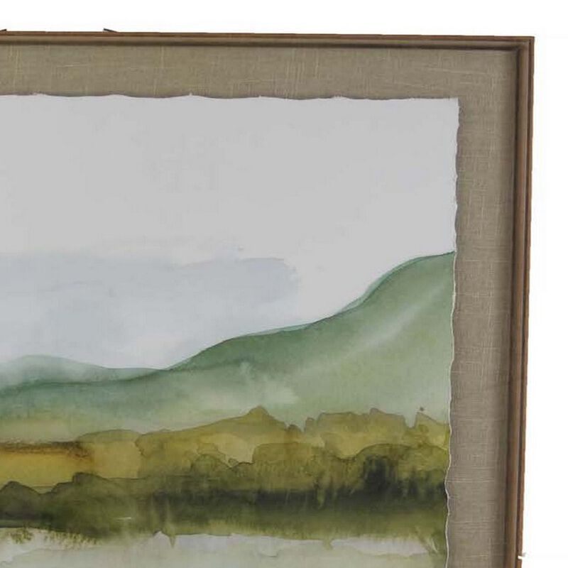 34 x 34 Framed Wall Art Print, Mountains and Nature, Green, Yellow, Gray - Benzara