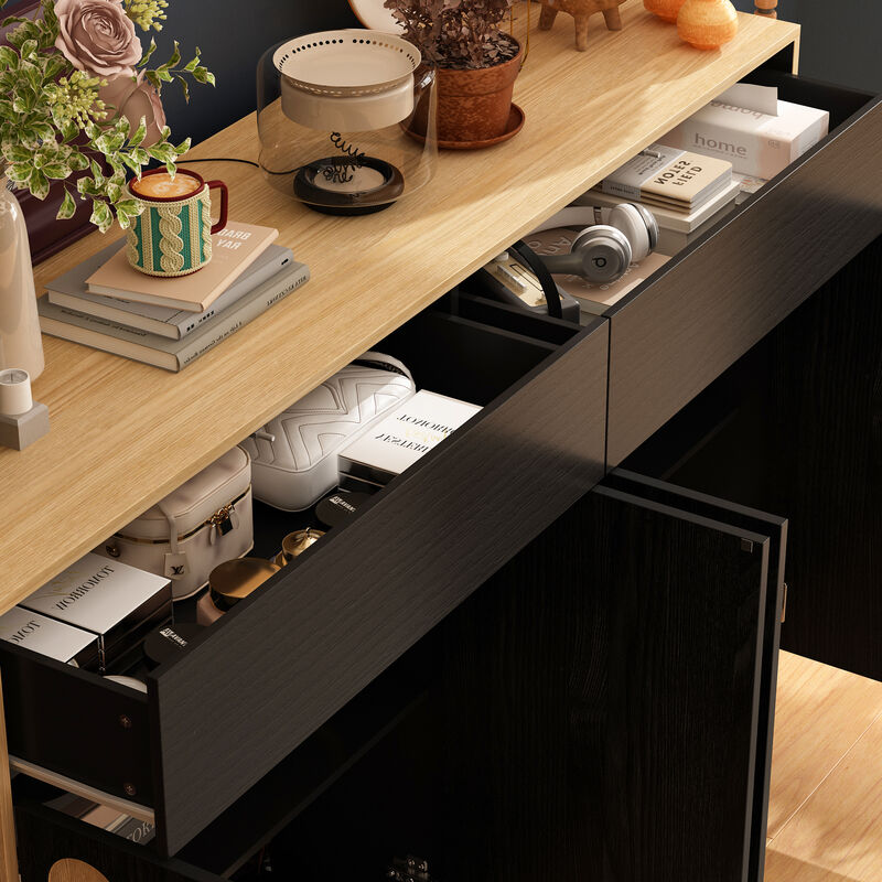 FUFU&GAGA Black and Natural Arch-Design Storage Cabinet with Dual Swing Doors (59" W x 39.3" H x 15.7" D)，Brown