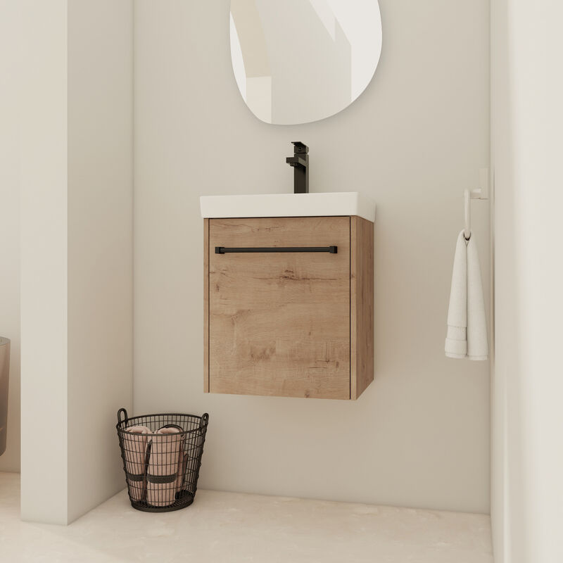 ELEMENT ACE Compact Floating Wall-Mounted Bathroom Vanity with Integrated Ceramic Sink and Soft-Close Cabinet Storage image number 1