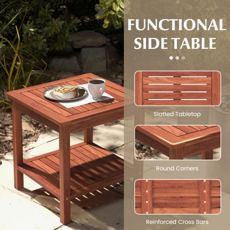 Set of 2 Double-Tier Patio Side Tables with Slatted Top and Lower Shelf for Outdoor Use