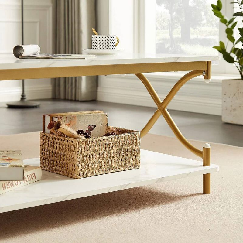 Faux Marble Coffee Table with Gold Metal Frame and Lower Storage Shelf