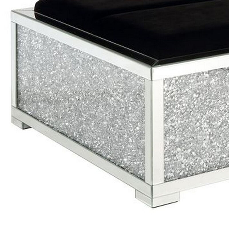 Mirrored Ottoman with Cushioned Seat and Faux Diamonds, Silver-Benzara