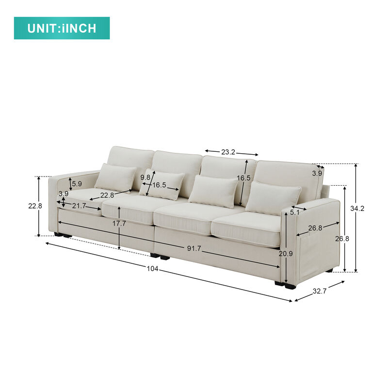 Modern Linen Fabric Sofa with Armrest Pockets and 4 Pillows,Minimalist Style Couch