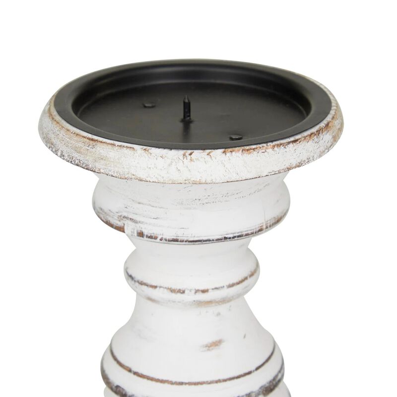 Turned Design Wooden Candle Holder with Distressed Details, Set of 3, White-Benzara