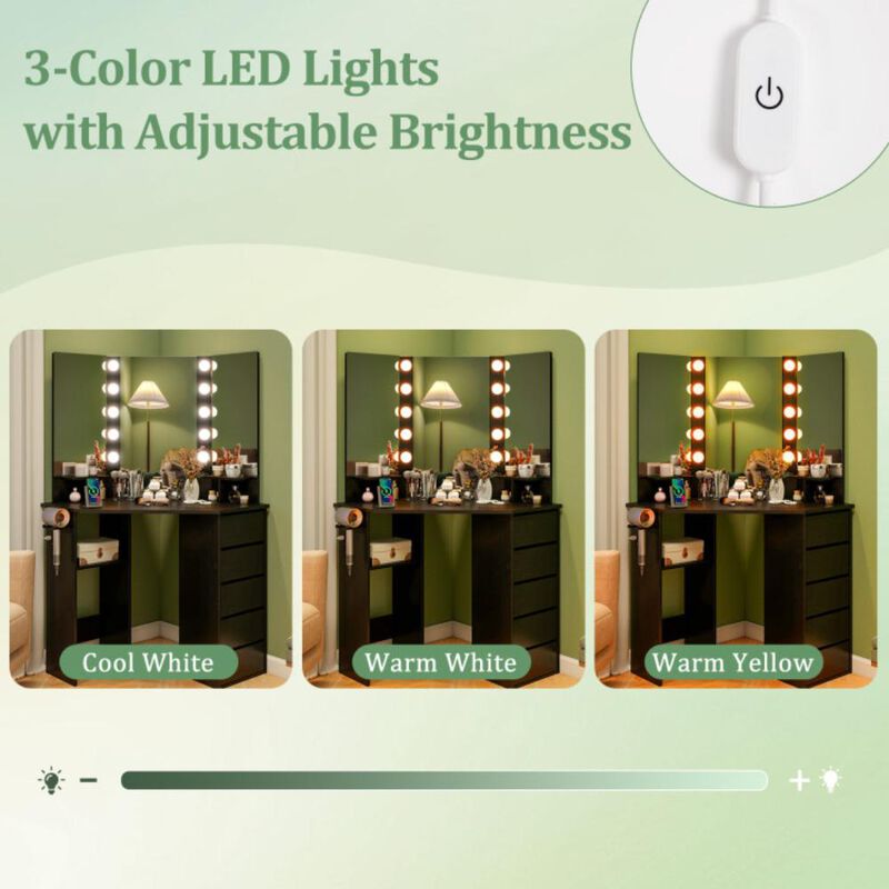 Hivvago Corner Vanity Desk with 3-Color LED Lighted Mirror and Power Outlet