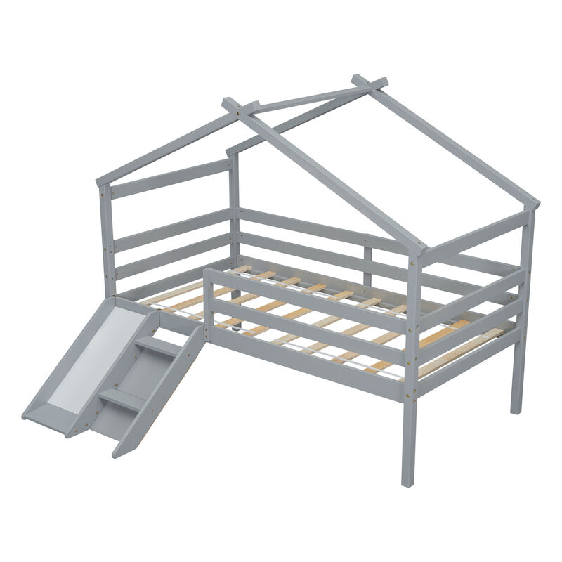 Whisen Twin Low Loft House Bed with Fun Slide, Secure Ladder, and Playful Roof Frame image number 7