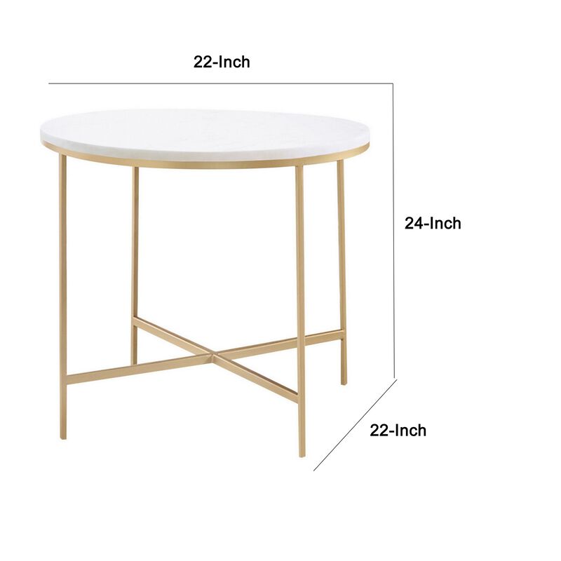 24 Inch Side End Table, Rounded Marble Surface, Sleek Gold Metal Frame-Benzara