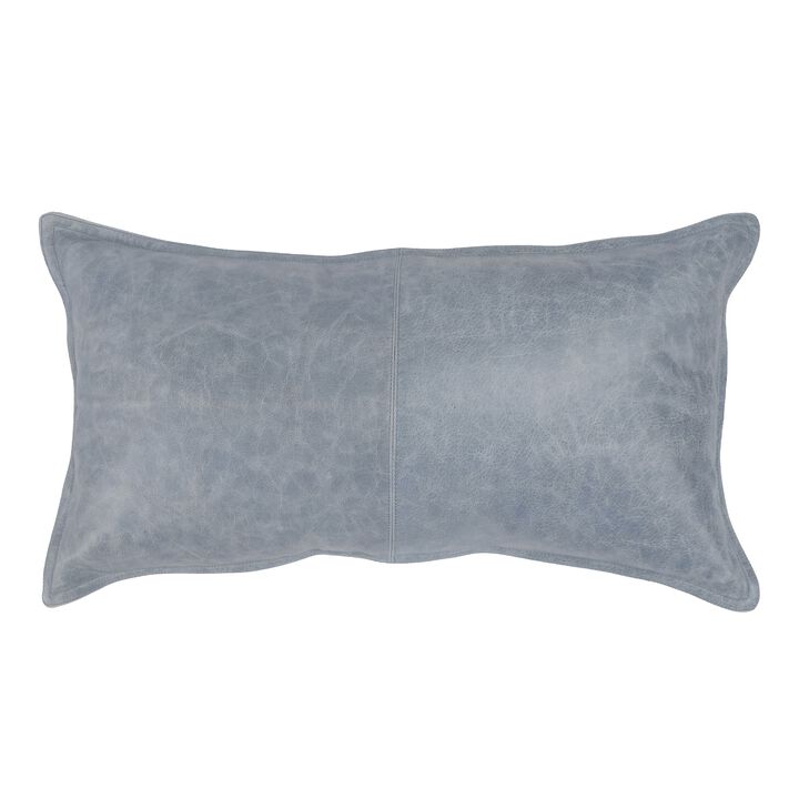 Norm 26 Inch Leather Decorative Lumbar Throw Pillow, Stitched, Soft Gray - Benzara