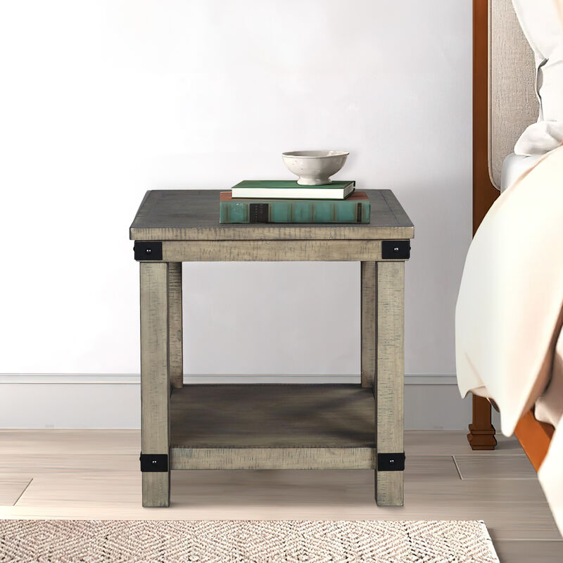 Farmhouse Style End Table with X Shaped Sides and Open Bottom Shelf, Gray